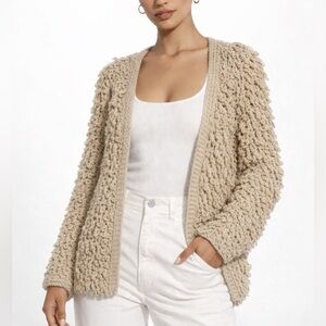 TWIST | Chunky Camel Tan Shaggy Chunky Knit Fringe Loop Cardigan Sweater Tan